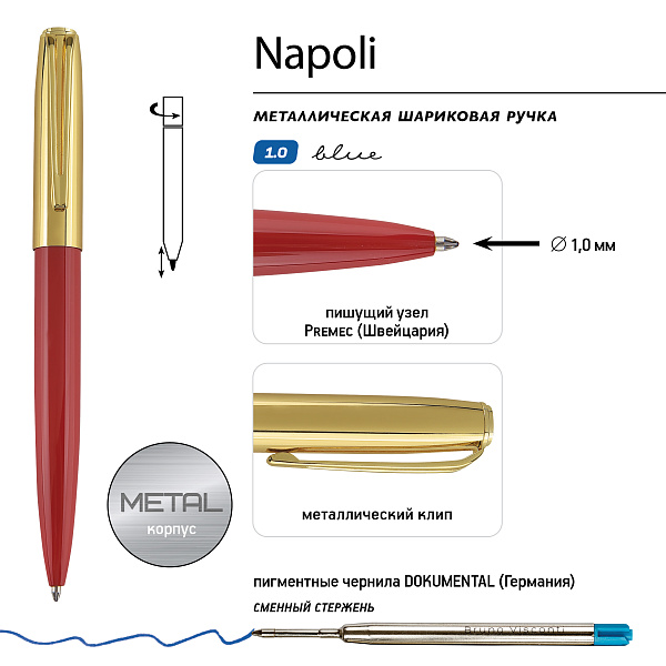 Ручка "NAPOLI" в футляре PREMIUM из экокожи, 1,0 ММ, СИНЯЯ (корпус красн и золот, футляр черный)