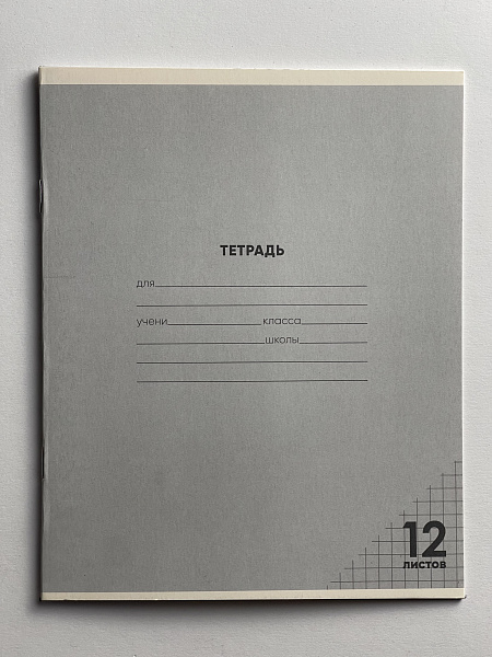 Тетрадь 12 листов в клетку СЕРАЯ, обложка из мелованного картона (200г/м2), блок офсет (92%, 60г/м2)