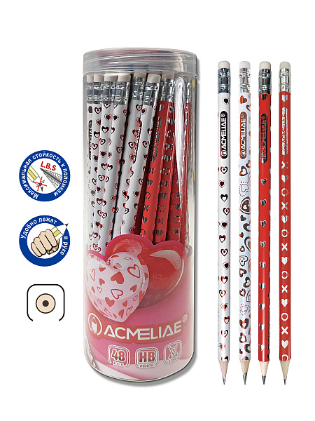 Карандаш ч/г HB ACMELIAE "СЕРДЦА" с бумажной открыткой, ластик, фольга (48)