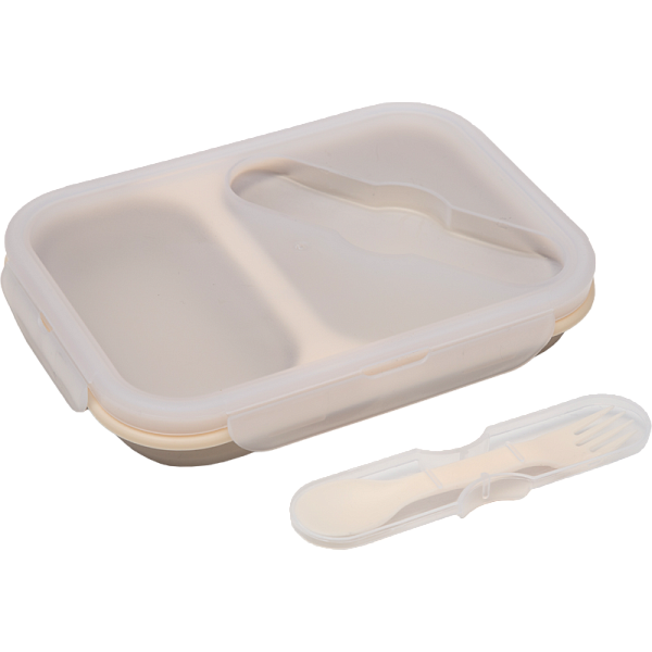 Ланчбокс складной герметичный "deVENTE" бежевый, прямоугольный с 2-мя отделениями, 1000 мл, 21,5x15x7,5 см, в сложенном виде высота 4 см, силиконовый, с пластиковой крышкой, с пластиковой вилкой-ложкой в комплекте,