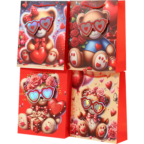 Пакет подарочный бумажный "deVENTE. Cute Bear" вертикальный, 26x32x10 см, горячее тиснение, 3D, бумага 210 г/м², ассорти 4 дизайна