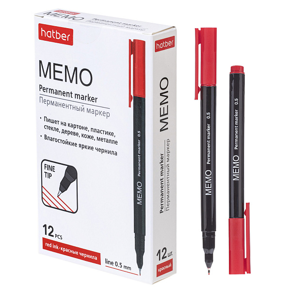 Маркер перм. 0,5 мм Hatber Memo  Красный в картонной коробке