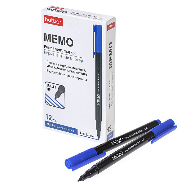 Маркер перм. 1 мм Hatber Memo закругленный пишущий узел Синий 12шт. в картонной коробке
