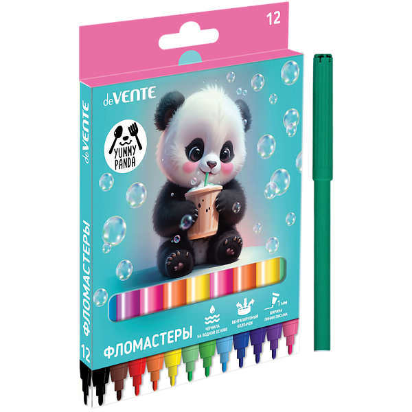 Фломастеры 12 цв. "deVENTE. Yummy Panda" с вентилируемым колпачком, в картонной коробке с подвесом