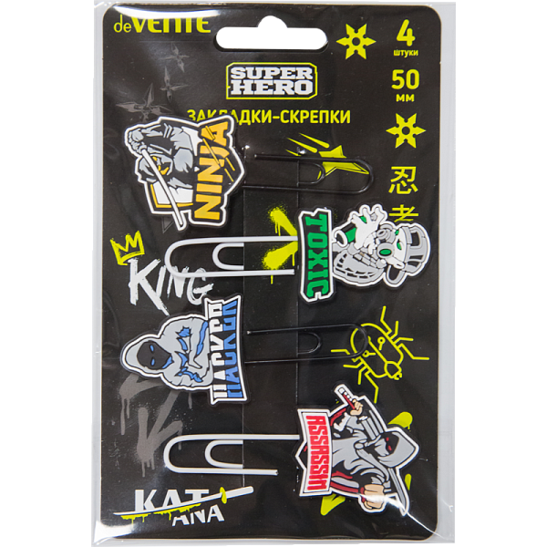 Набор закладок-скрепок "deVENTE. SuperHero" металлические овальные цветные 50 мм с элементами декора, в блистерной упаковке, ассорти 4 дизайна
