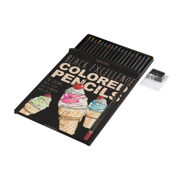 КАРАНДАШИ ЦВЕТНЫЕ ПЛАСТИКОВЫЕ  "Black Excellence" С ТОЧИЛКОЙ, 18 ЦВЕТОВ, 4 ВИДА (10702070/190723/3294953,КИТАЙ)