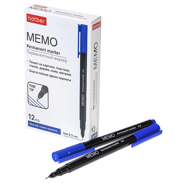 Маркер перм. 0,5 мм Hatber Memo  Синий в картонной коробке