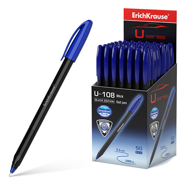 Ручка шариковая ErichKrause® U-108 Black Edition Stick 1.0, Ultra Glide Technology, цвет чернил синий (в коробке по 50 шт.)
