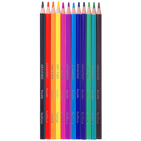 Карандаши 12 цветов Hatber "ART-TIME", трёхгранный пластиковый корпус, стираемые, заточенные, картоная упаковка