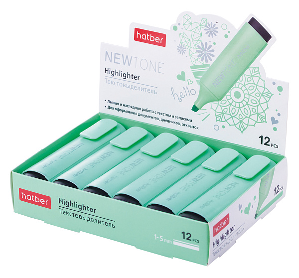 Маркер-текстовыделитель Hatber NEWtone PASTEL клиновидный пишущий узел Мятный 12шт. в картонной Дисплей-витрине