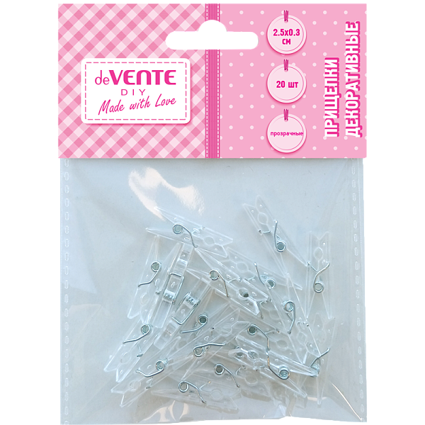 Прищепки декоративные "deVENTE. DIY Transparent" пластиковые, размер 25x3 мм, 20 шт, прозрачные, в пластиковом пакете с блистерным подвесом