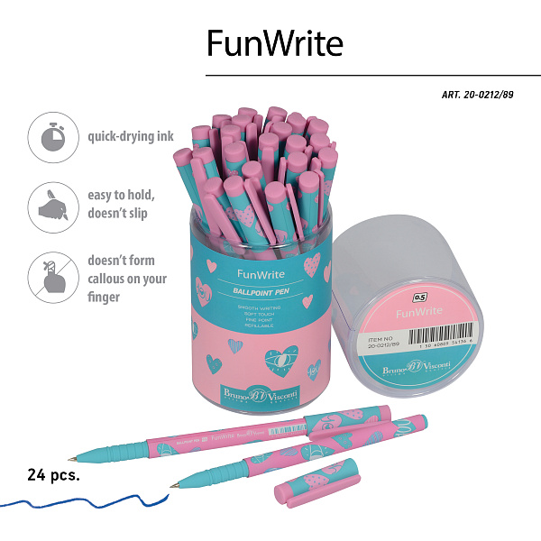 Ручка шариковая 0,5 мм "FunWrite. Сердечки. Эмоции. Роза" СИНЯЯ