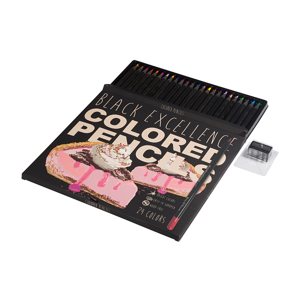 КАРАНДАШИ ЦВЕТНЫЕ ПЛАСТИКОВЫЕ  "Black Excellence" С ТОЧИЛКОЙ, 24 ЦВЕТА, 4 ВИДА (10702070/190723/3294953,КИТАЙ)