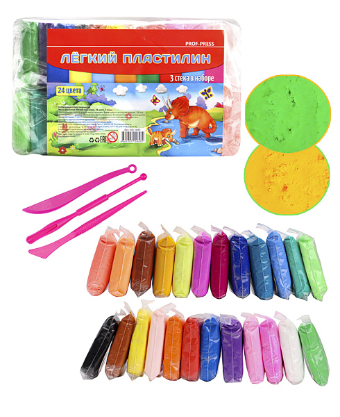 Лёгкий пластилин 24 цв. + 3 стека.