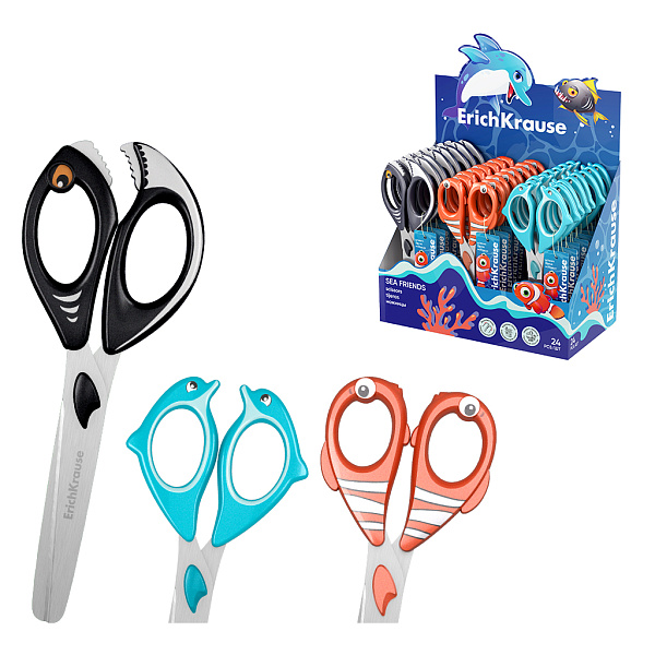 Ножницы 135 мм ErichKrause Sea Friends, Dolphin, Clownfish, Piranha, 13.5, 14.5 см, ассорти (в дисплее по 24 шт.)