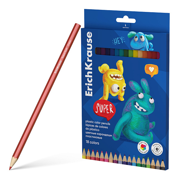 Карандаши 18 цв. ErichKrause Jolly Friends пластиковые, шестигранные, грифель 3 мм, 
