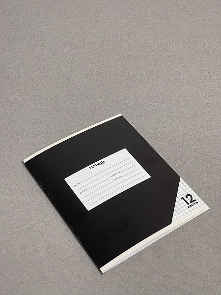 Тетрадь 12 листов в клетку ЧЕРНАЯ, обложка из мелованного картона (200г/м2), блок офсет (92%, 60г/м2)