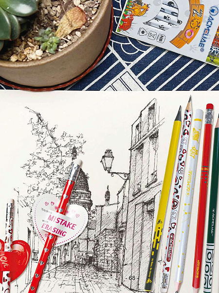 Карандаш ч/г HB ACMELIAE "СЕРДЦА" с бумажной открыткой, ластик, фольга (48)