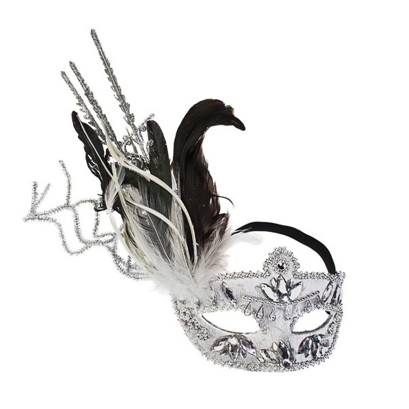 Маска карнавальная для взрослых(Карнавал)серебр-чёрная перья