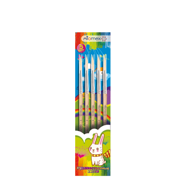 Набор кистей "Attomex" 05 шт (синтетика№ 1, 2, 3, 4, 5) деревянная ручка, в пластиковом блистере