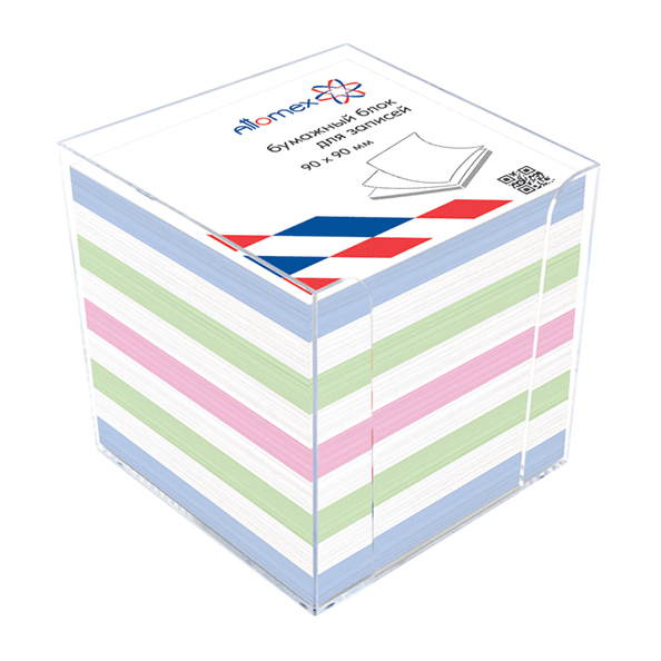 Блок бумаги  9*9*9cм "Attomex" в боксе, цветной, пл. 65 г/м², белизна 90%,непроклеенный 