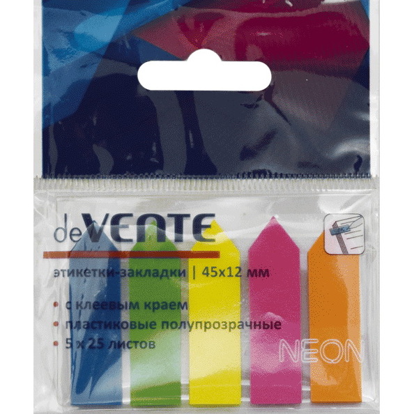 Закладки пластиковые "deVENTE" полупрозрачные в форме стрелки 45x12 мм, 5х25 л., неон