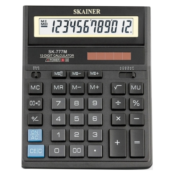 Калькулятор 12 разр., SKAINER 2-е питание 2 память, черный 157*200*32