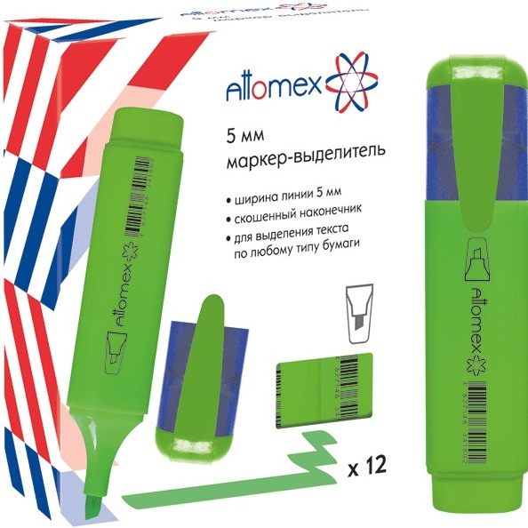 Маркер-текстовыделитель 1-5 мм "Attomex" плоский корпус с клипом, зеленый