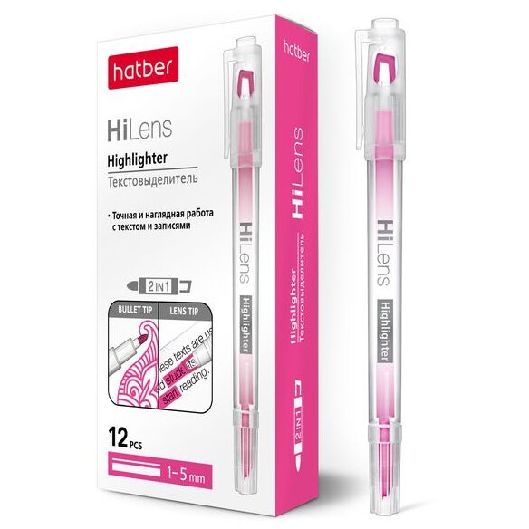 Маркер-текстовыделитель Hatber Hi-Lens Двухсторонний 1 мм/5 мм Розовый 