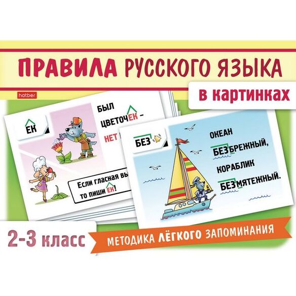 Наглядные пособия 24 карточки 120х170мм -Правила русского языка в картинках- для 2-3 класса в короб