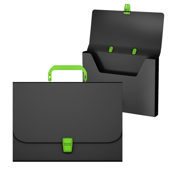 Портфель пластиковый А4 ErichKrause® Matt Accent черный с зеленой ручкой и замком