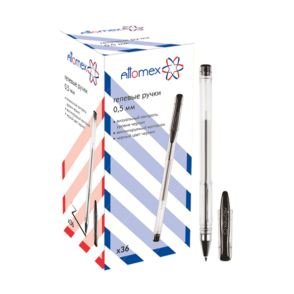 Ручка гелевая 0,5 мм "Attomex", прозрачный корпус с металлическим наконечником, ЧЕРНАЯ