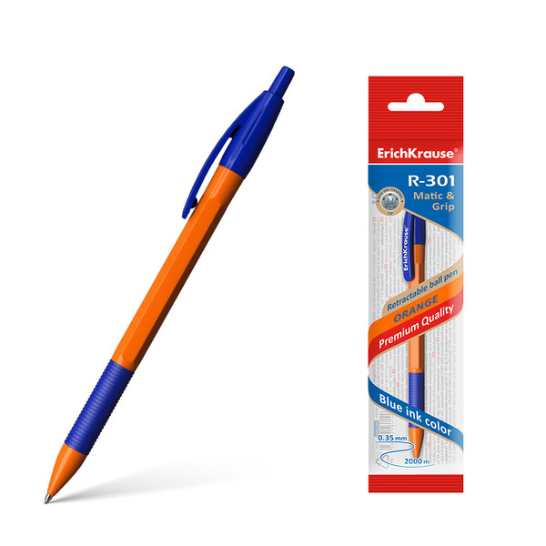 Ручка шариковая автомат 0,7 мм ErichKrause® R-301 Orange Matic&Grip СИНЯЯ,  (в пакете по 1 шт.)