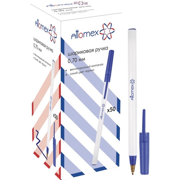 Ручка шариковая 0,7 мм "Attomex" с белым корпусом, одноразовая, индивидуальная маркировка, синяя