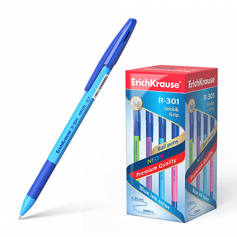 Ручка шариковая 0,7 мм ErichKrause® СИНЯЯ, R-301 Neon Stick&Grip 