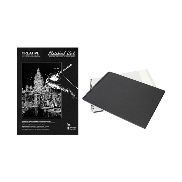 Скетчбук A4 "KRIS" черный офсет 160 г/м², 20 л, на пружине, картонная подложка