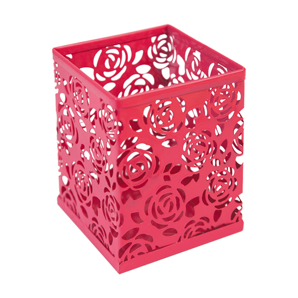 Стакан для пишущих принадлежностей "deVENTE" 8x8x9,8 см, квадратный, ажурный металлич., ярко-розовый