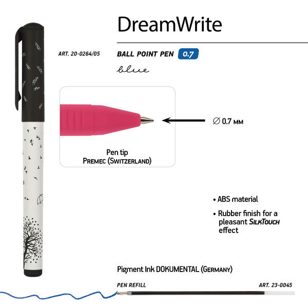 Ручка шариковая 0,7 мм "DreamWrite. Черно-белая романтика" в тубусе СИНЯЯ, 3 ВИДА 