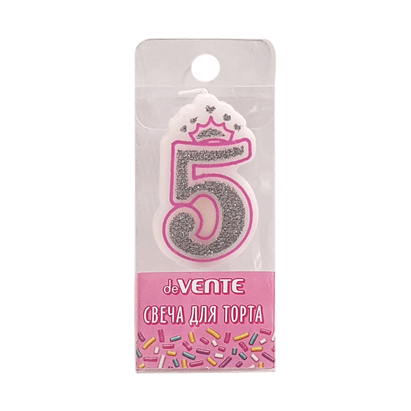Свеча-цифра для торта "deVENTE. Розовая принцесса" 5, размер свечки 5,8x3,8x0,8 см с серебряным рису