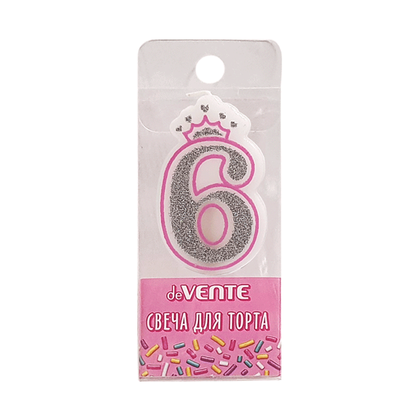 Свеча-цифра для торта "deVENTE. Розовая принцесса" 6, размер свечки 5,8x3,8x0,8 см с серебряным рису