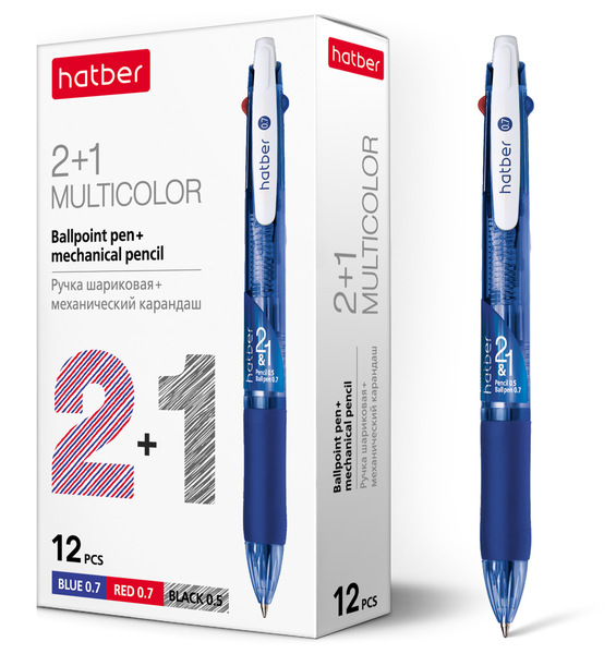 Ручка 2-х цв. шарик. автомат. 0,7 Hatber 2+1(синий,красный+карандаш) игольч.пишущ.узел с резиновым г