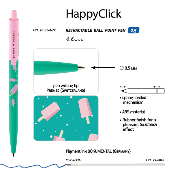 Ручка шариковая 0,5 мм "HappyClick. Эскимо" СИНЯЯ 