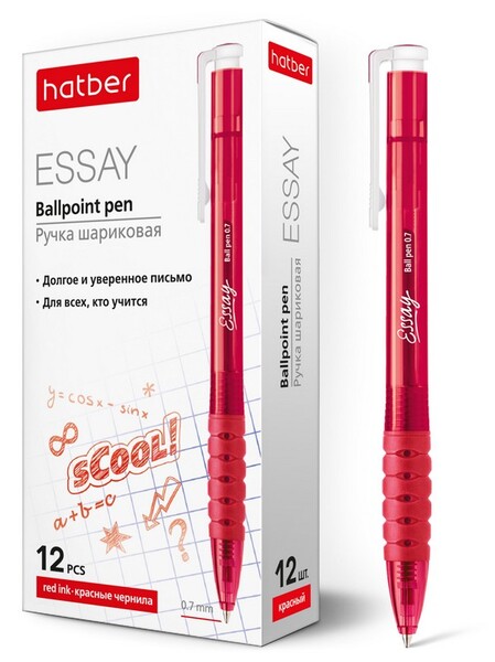 Ручка шариковая автомат. 0,7 мм Hatber Essay Красная с резиновым грипом 