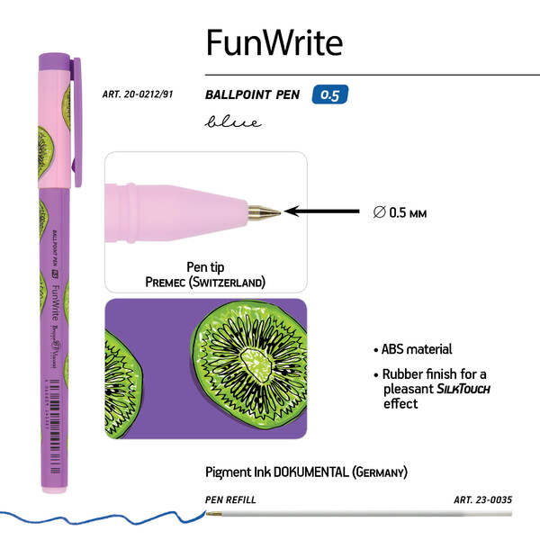 Ручка шариковая 0,5 мм "FunWrite. Fresh & fruity. Киви" СИНЯЯ