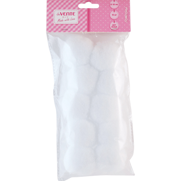 Набор помпонов "deVENTE" 50 мм, 10 шт, цвет белый, в пластиковом пакете с блистерным 