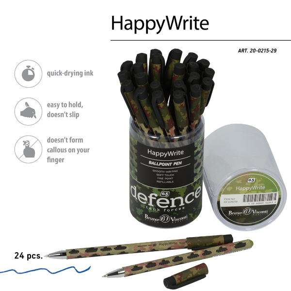 Ручка шариковая 0,5 мм "HappyWrite. Военный паттерн. Танки"  СИНЯЯ