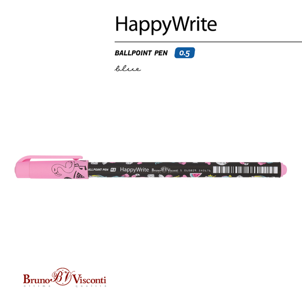 Ручка шариковая 0,5 мм "HappyWrite. Единорожки микс" СИНЯЯ