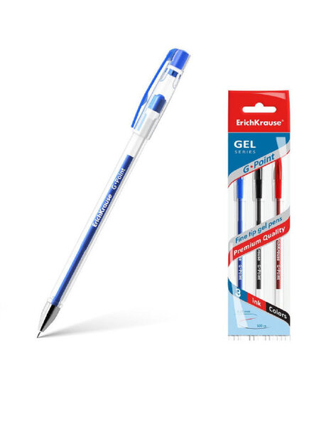Ручка гелевая ErichKrause® G-POINT 0.38 в наборе из 3 штук (пакет, ассорти)