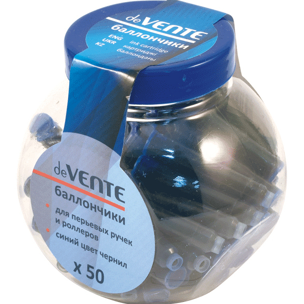 Баллончики для перьевых ручек "deVENTE" 0,8 мл, синие чернила, в пластиковой банке
