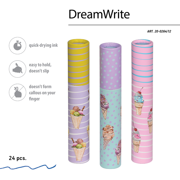 Ручка шариковая 0,7 мм "DreamWrite. Сахарный рожок" в тубусе СИНЯЯ, 3 вида